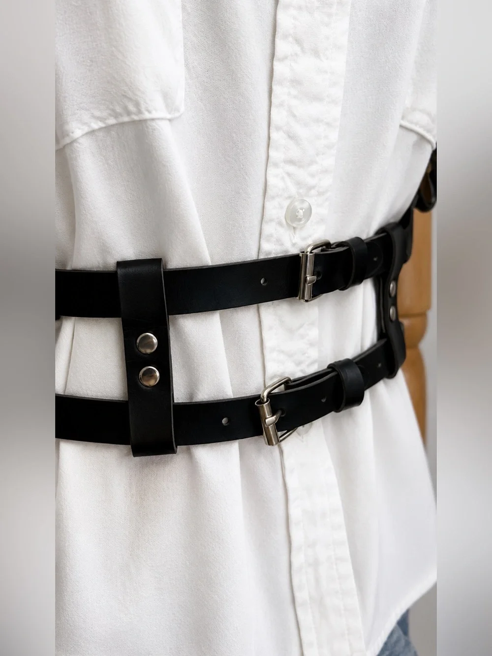 Black FauxLeather Harness Belt Body Chain Y2K Punk Adjustable Strappy Waist Belt
